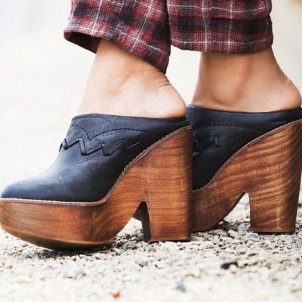 Free People "Chance" Badass Platform Leather n Wood Heeled Mules
